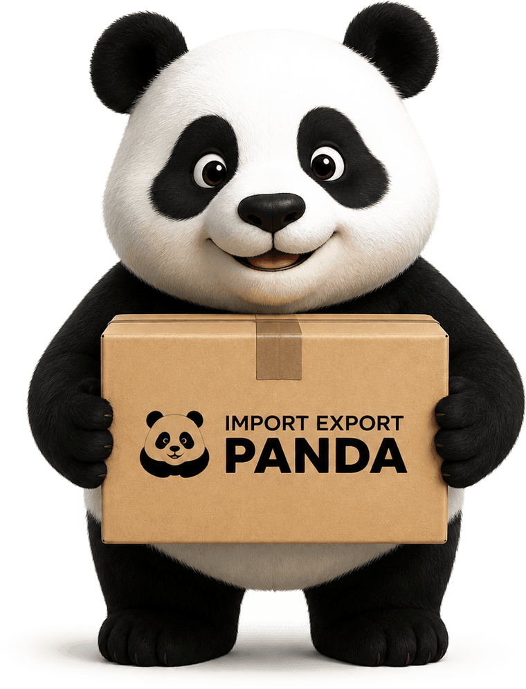 Panda de Import Export Panda sosteniendo una caja con el logo de la tienda
