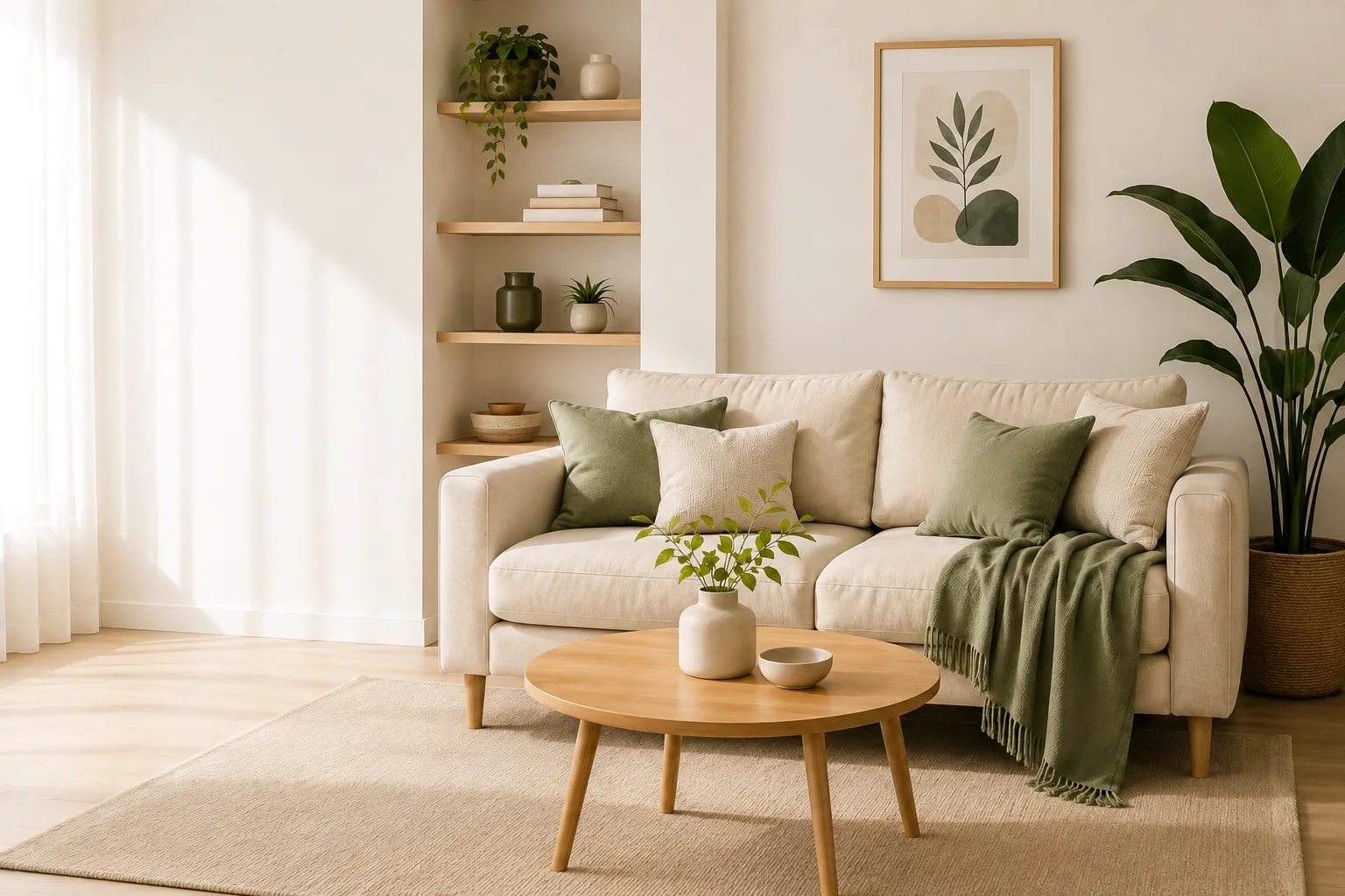 Salón con sofá beige, cojines verdes, mesa de madera y plantas